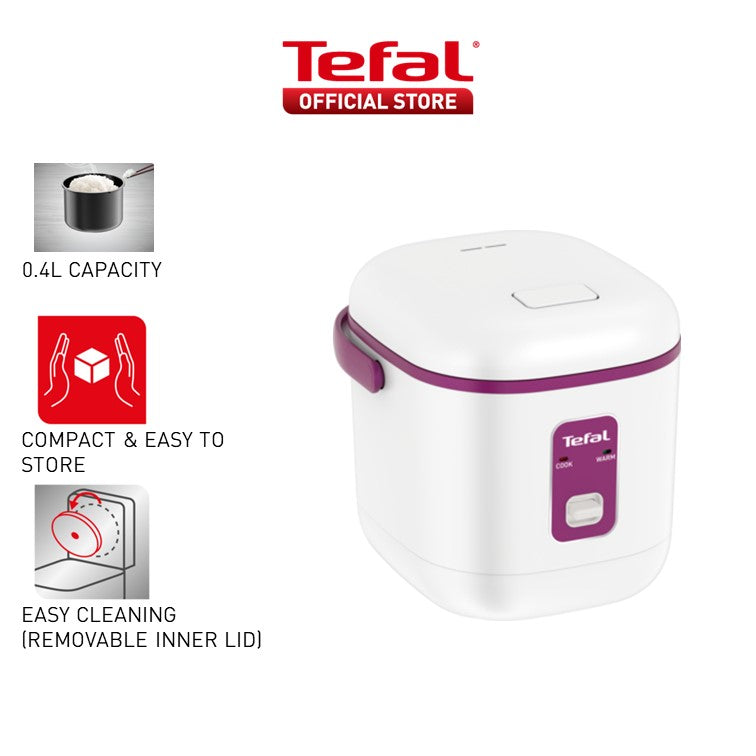 Tefal Mechanical Mini Rice Cooker 0.4L RK1721 Durable Non-Stick, Removable Inner Lid, Convenient Storage, Easy to Clean, 2 Cups
