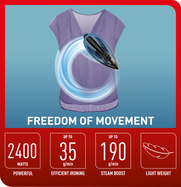 Tefal Freemove Air Cordless Steam Iron 2400W FV6551 190g Steam Boost, Cordless, Lightweight, Anti-Drip, Smart Technology, Ergonomic