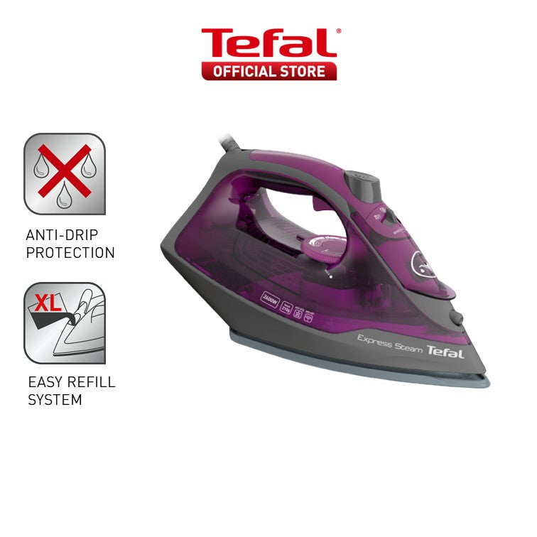 Tefal Express Steam Iron (Powergliss Ceramic Soleplate) 270ml 2600W FV2843 210g Steam Boost, Anti-Drip, Easy Refill, Fast Glide