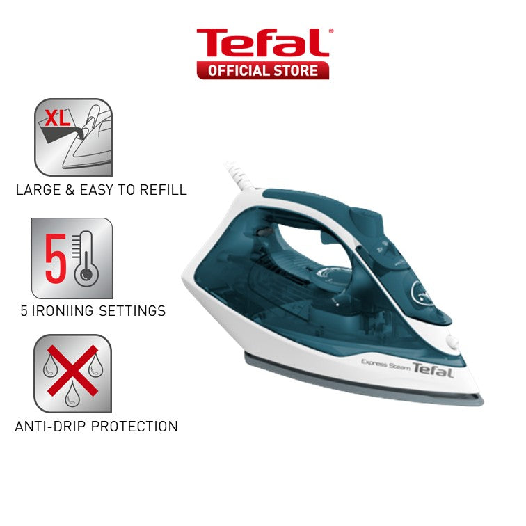 Tefal Express Steam Iron, 270ml 2400W Green/White FV2831 Powerful, Anti-Drip, Easy-to-Use, Fast Glide