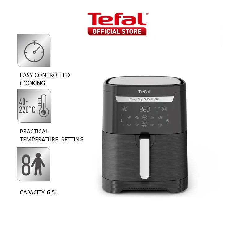 Tefal Easy Fry Healthy Air Fryer & Grill XXL Digital 6.5L EY8018 + free oven mitt & pot holder set - 8 preset programmes, dual zone cooking, removable divider, comes with die cast grill grid