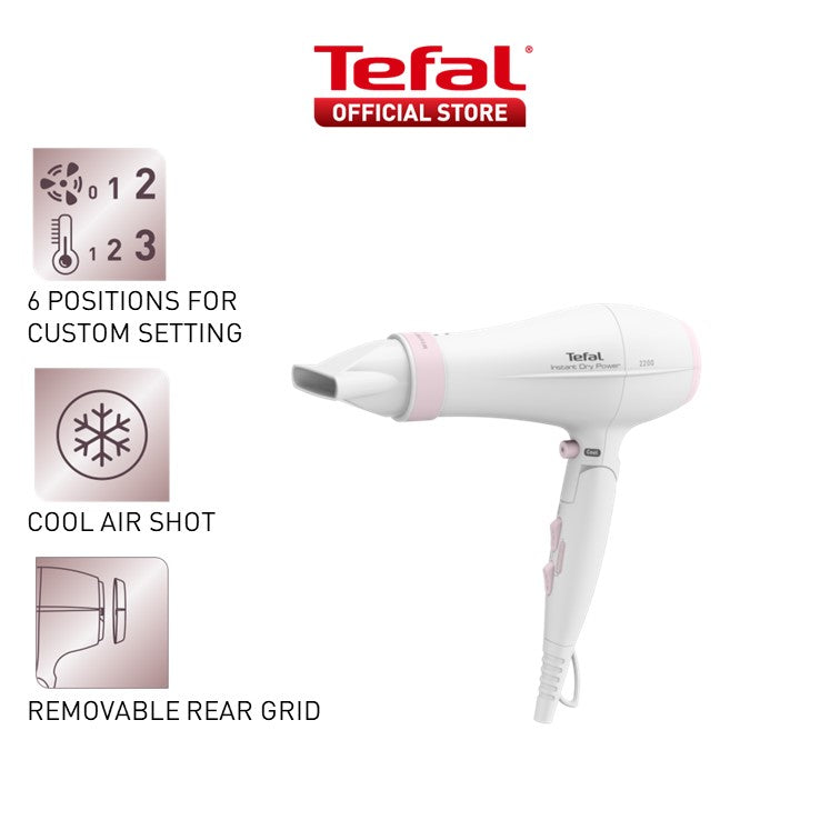 Tefal Instant Dry Foldable Hair Dryer with Concentrator, 6 Positions Custom Settings, Cool Air Shot, Removable Rear Grid, 1.8m Cord, 2200W HV6092