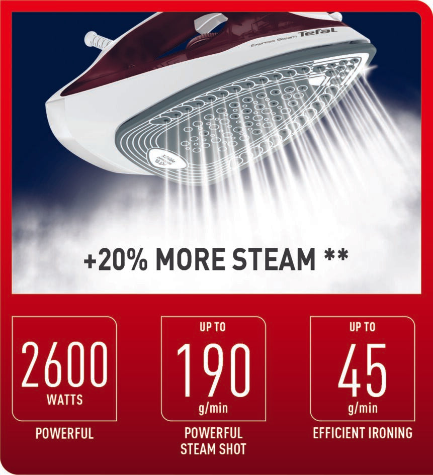 Tefal Express Steam Ceramic Soleplate Iron 270ml 2600W (Red) FV2869  Powerful, Anti-Drip, Enhanced Safety, Convenient, Easy-to-Use