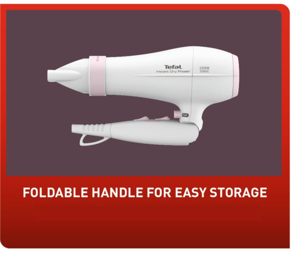 Tefal Instant Dry Foldable Hair Dryer with Concentrator, 6 Positions Custom Settings, Cool Air Shot, Removable Rear Grid, 1.8m Cord, 2200W HV6092