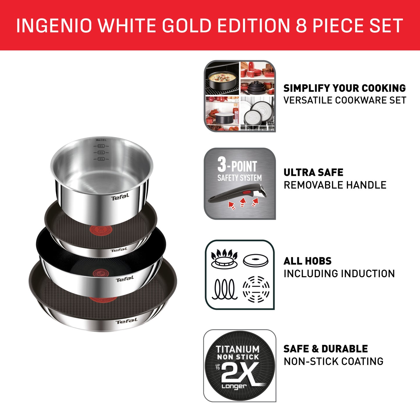 Tefal Ingenio Stainless Steel Sets- Edition (3pc) L897S3/Effective (6pc) L89796/White Gold Edition (8pc) L895S8