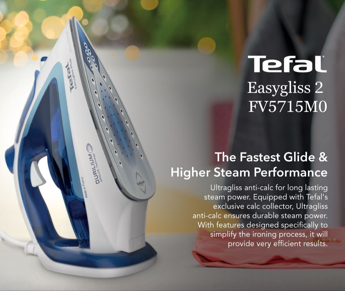 Tefal Durilium Airglide Technology Easygliss Steam Iron 270ml 2400W FV5715 190g Steam Boost, Easy Maintenance, Durable, Versatile, Fastest Glide