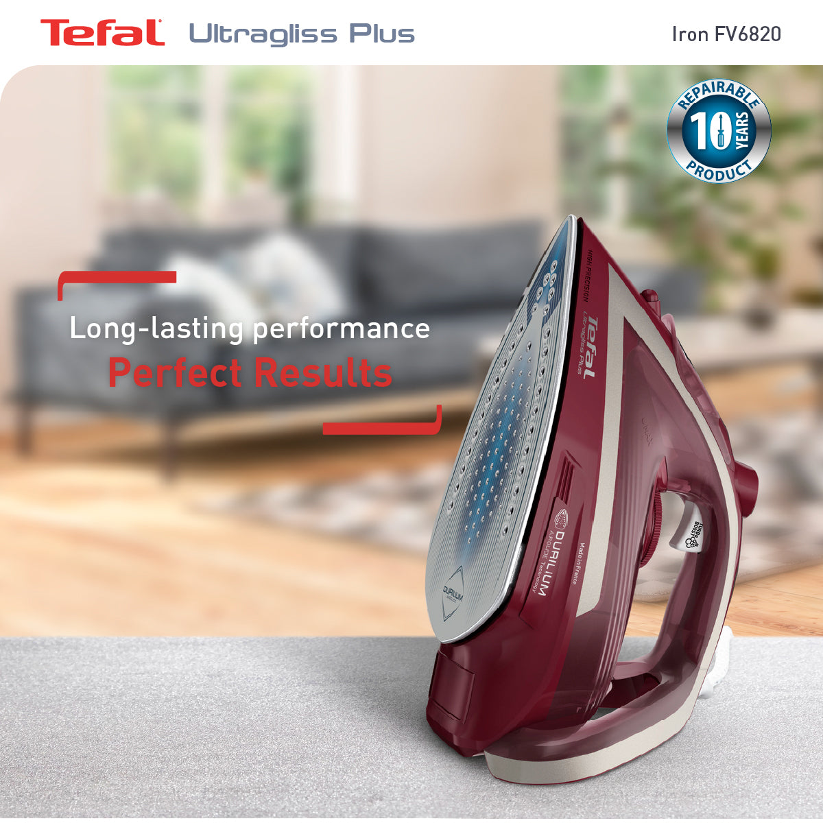 Tefal Steam Iron Ultragliss Plus 2800W (Red) FV6820 260g Steam Boost, Powerful, Maximum Steam Distribution, Safe, Versatile