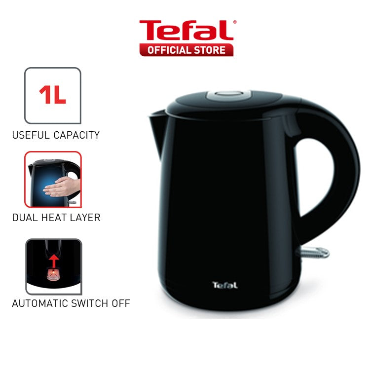 Tefal Safe Tea Kettle 1.0L Black KO2618 Double layer insulation, Safe to touch, 360 degrees rotational base, auto off