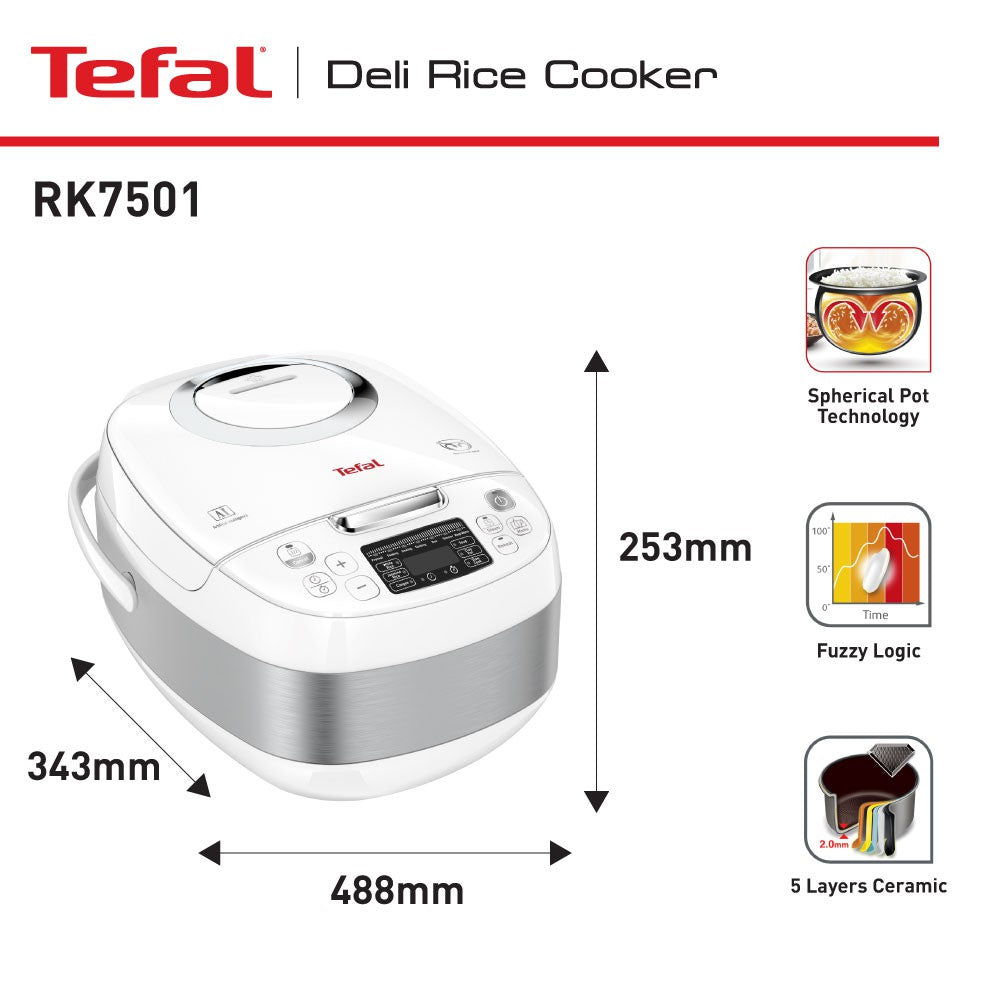 Tefal Delirice Compact Fuzzy Logic Spherical Rice Cooker 1L RK7501 10 Programmes, AI, 6-Layer, Ideal for Couples, 5.5 Cups