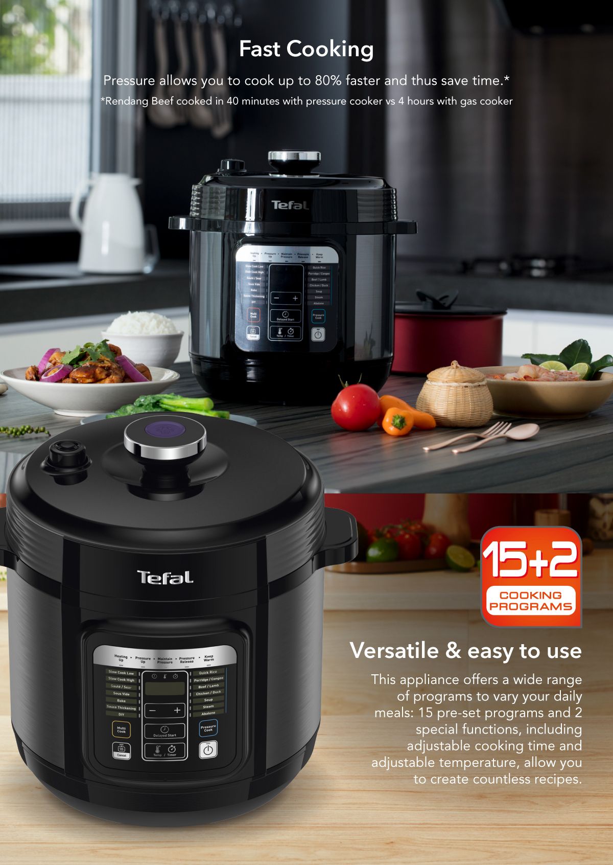 Tefal Home Chef Smart Electric Pressure Cooker 6L CY601 Multicooker, 15 programmes, 12 cups, steam, slow cook, bake, sous vide, sauce thickening