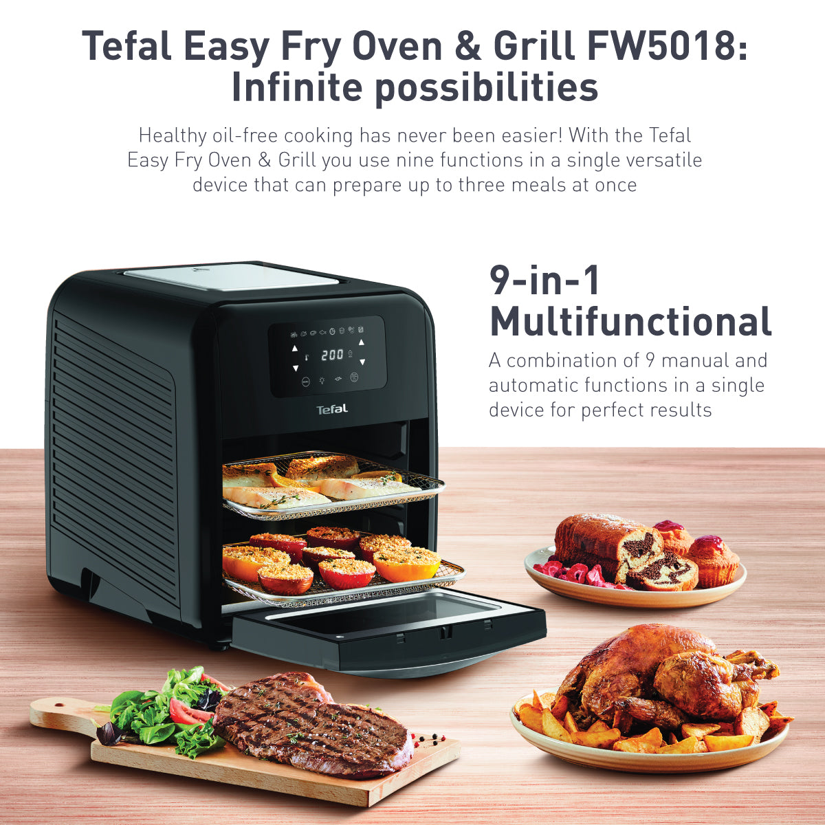 Tefal Easy Fry Healthy Air Fryer Oven & Grill w/7 Accessories 11L 9-in-1 FW5018 8 Programmes, 99% Less Fat, Rotisserie, Easy-to-Clean