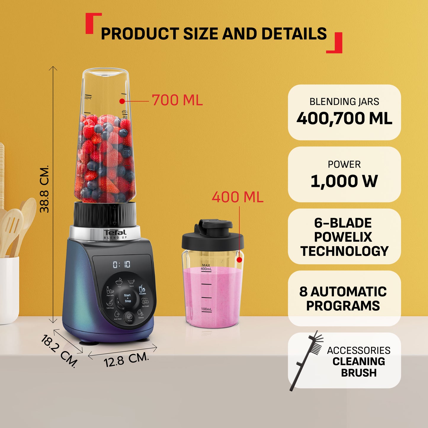 Tefal BlendUp Personal Blender BL19H4 ƒ?? Removable blades, 2 dishwasher safe BPA-free Tritan jars, 1000W, 8 auto programs