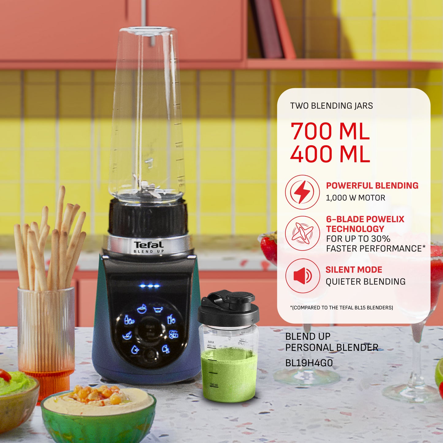 Tefal BlendUp Personal Blender BL19H4 ƒ?? Removable blades, 2 dishwasher safe BPA-free Tritan jars, 1000W, 8 auto programs