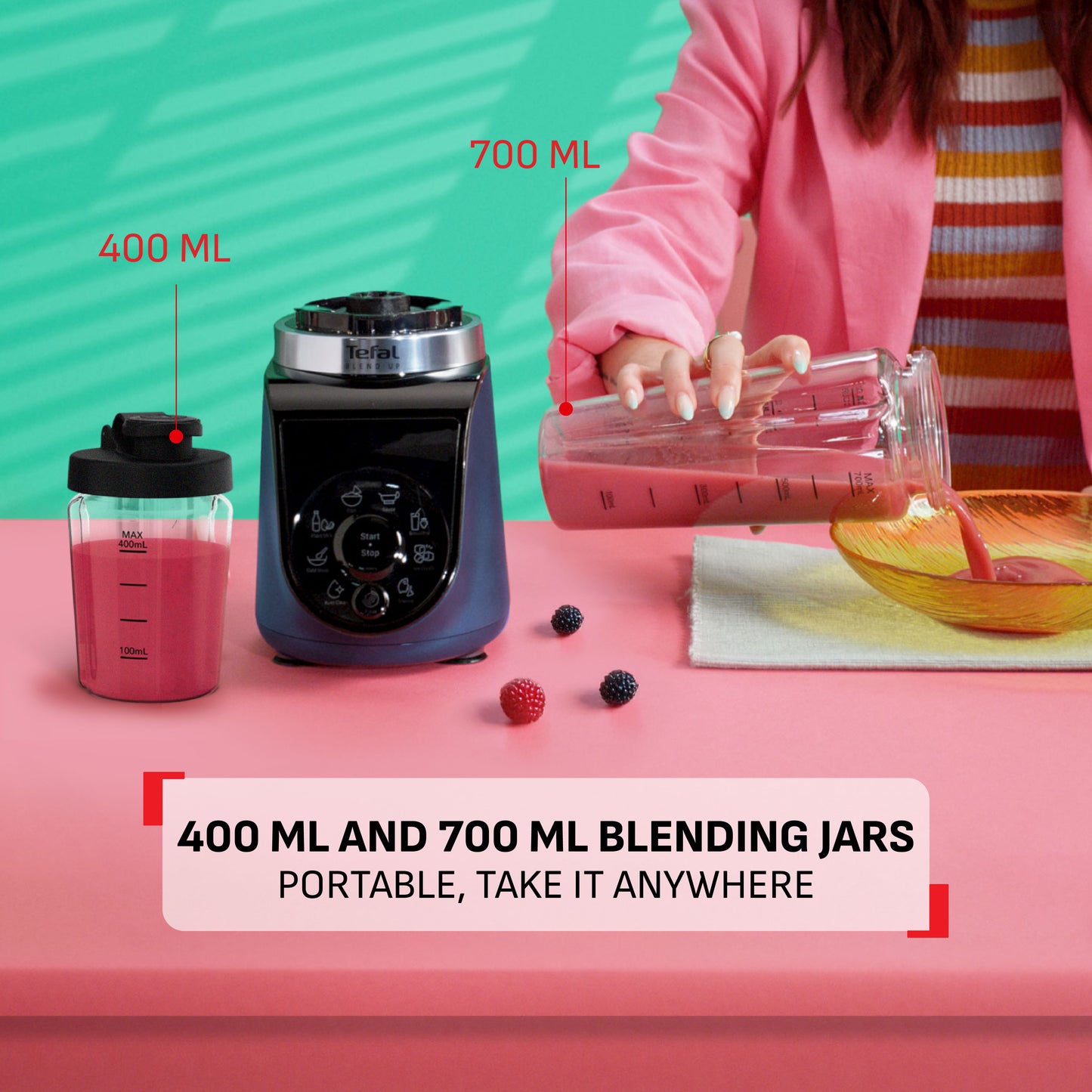Tefal BlendUp Personal Blender BL19H4 ƒ?? Removable blades, 2 dishwasher safe BPA-free Tritan jars, 1000W, 8 auto programs