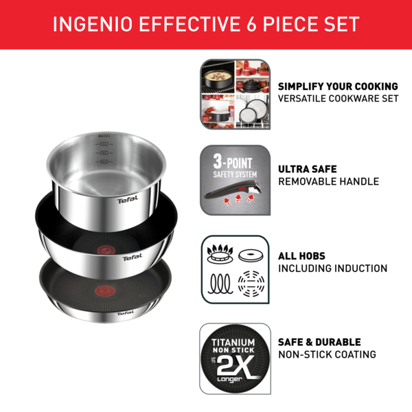 Tefal Ingenio Stainless Steel Sets- Edition (3pc) L897S3/Effective (6pc) L89796/White Gold Edition (8pc) L895S8