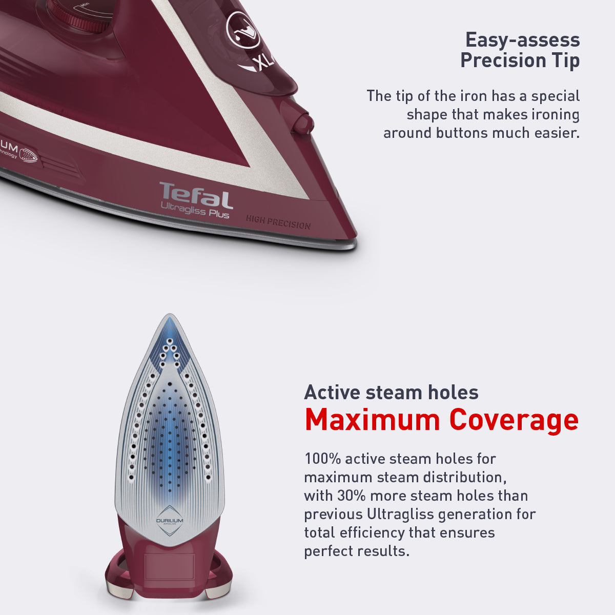 Tefal Steam Iron Ultragliss Plus 2800W (Red) FV6820 260g Steam Boost, Powerful, Maximum Steam Distribution, Safe, Versatile
