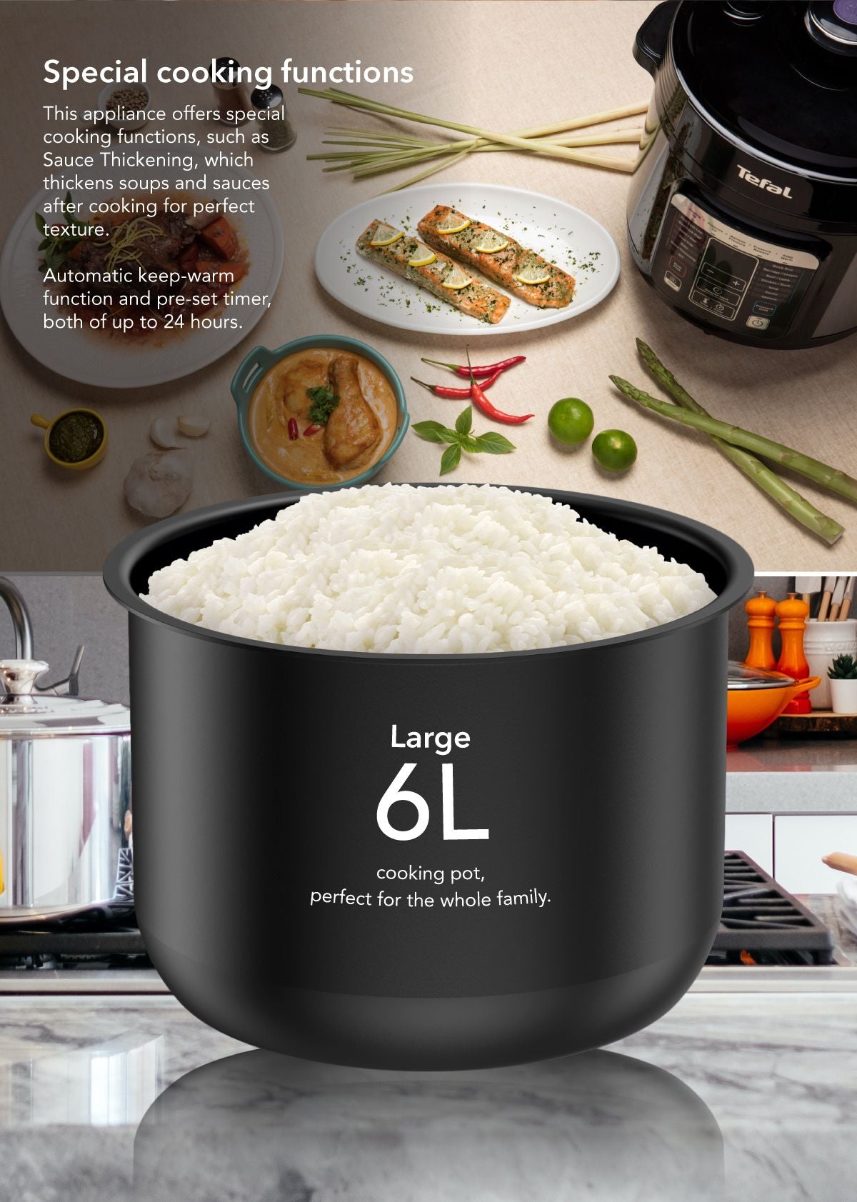 Tefal Home Chef Smart Electric Pressure Cooker 6L CY601 Multicooker, 15 programmes, 12 cups, steam, slow cook, bake, sous vide, sauce thickening