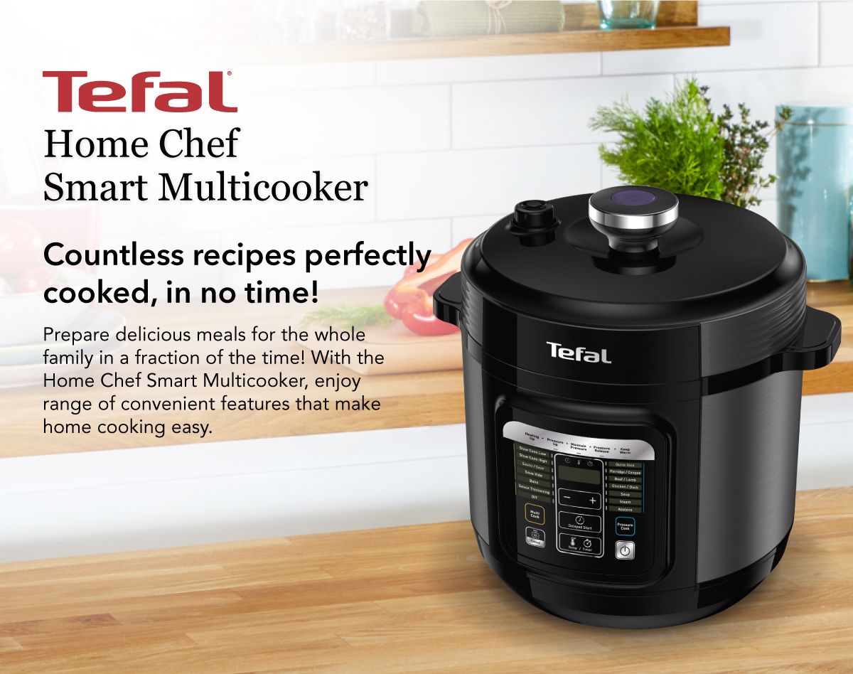 Tefal Home Chef Smart Electric Pressure Cooker 6L CY601 Multicooker, 15 programmes, 12 cups, steam, slow cook, bake, sous vide, sauce thickening