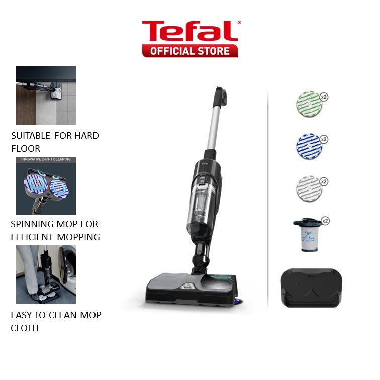 Tefal X-Combo Cordless 2-in-1 Handstick Vacuum & Spin Mop Cleaner GF3039 Smart Aerospin Technology, Ultra-Lightweight, High Suction, Easy Maintenance, 60-Minute Battery