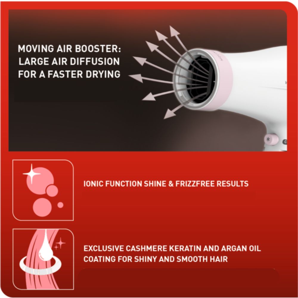 Tefal Instant Dry Foldable Hair Dryer with Concentrator, 6 Positions Custom Settings, Cool Air Shot, Removable Rear Grid, 1.8m Cord, 2200W HV6092