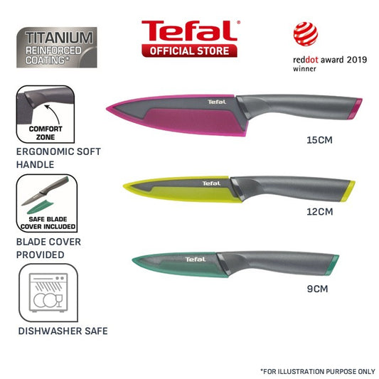 Tefal Fresh Kitchen Knife w/ Safe Blade Cover 9cm, 12cm, 15cm, Titanium Coating, Dishwasher Safe K12206/K12207/K12203