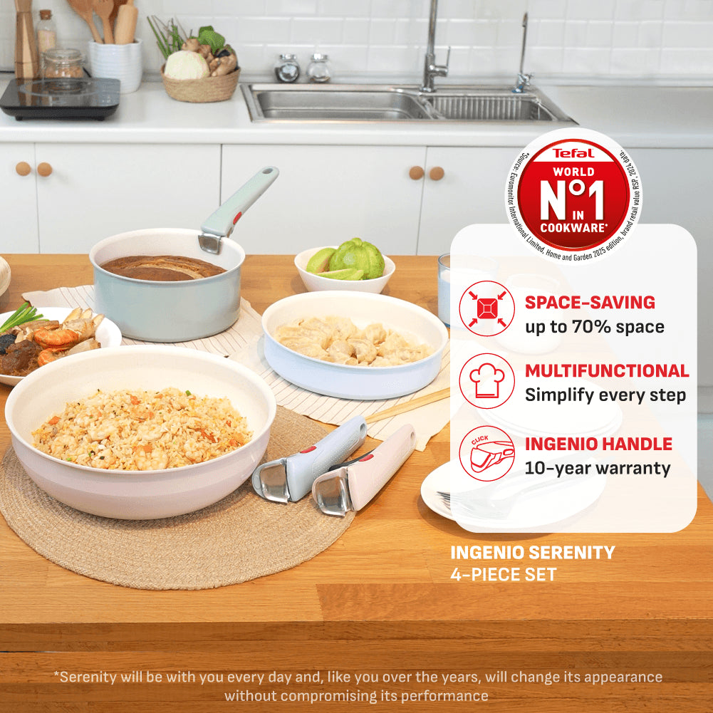 Tefal Ingenio Serenity Cookware Set - 4pc (Frypan 22cm + Frypan 28cm+ Saucepan 20cm + Handle)