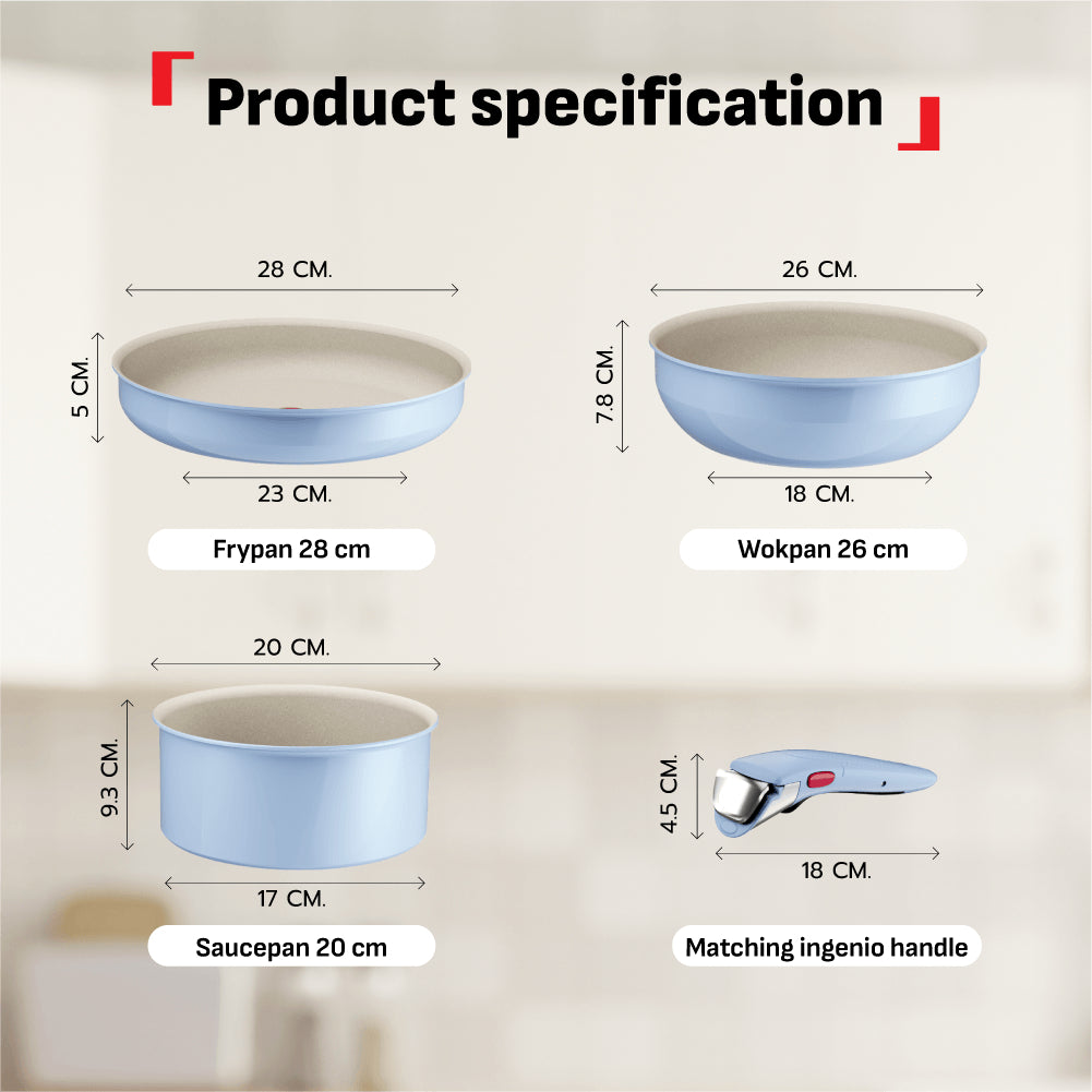 Tefal Ingenio Serenity Cookware Set - 4pc (Frypan 28cm + Wokpan 26cm+ Saucepan 20cm + Handle)
