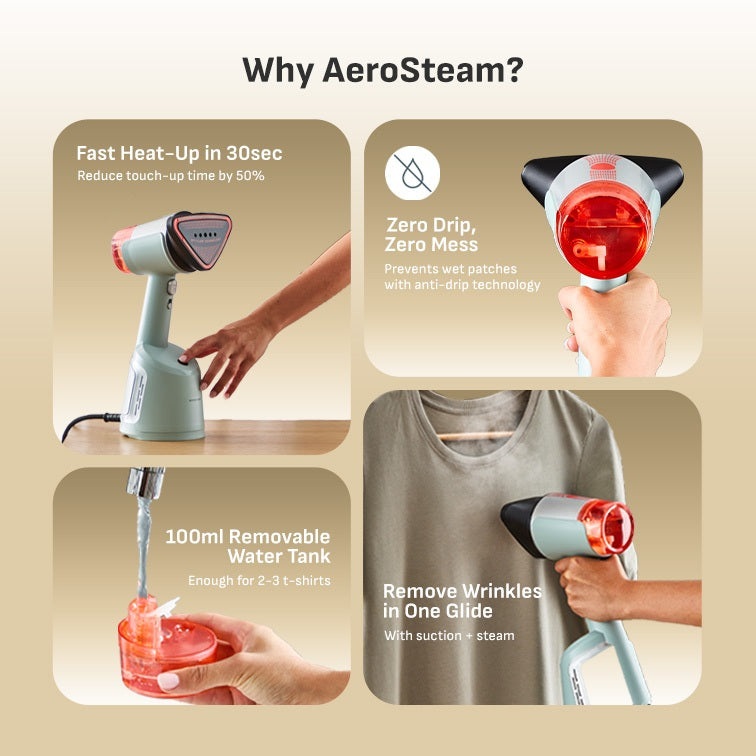 (NEW) Tefal Aerosteam Handheld Garment Steamer DT9814 – OptiFlow Suction , 1400W, 20g/min Steam, 100ml Water Tank