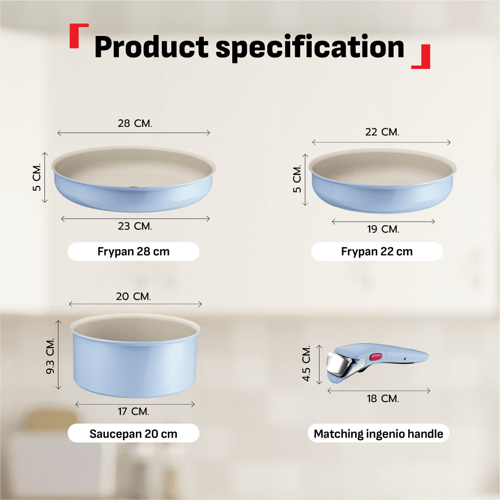 Tefal Ingenio Serenity Cookware Set - 4pc (Frypan 22cm + Frypan 28cm+ Saucepan 20cm + Handle)