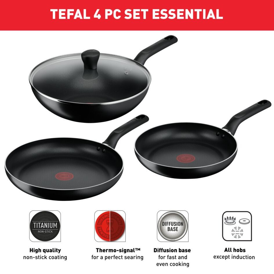 Tefal Essential 4pc Set (Frypan 24cm +Frypan 28cm +Wokpan 28cm with lid) B511S4