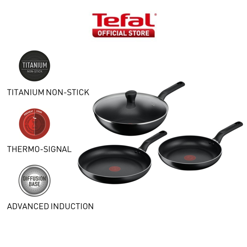 Tefal Essential 4pc Set (Frypan 24cm +Frypan 28cm +Wokpan 28cm with lid) B511S4