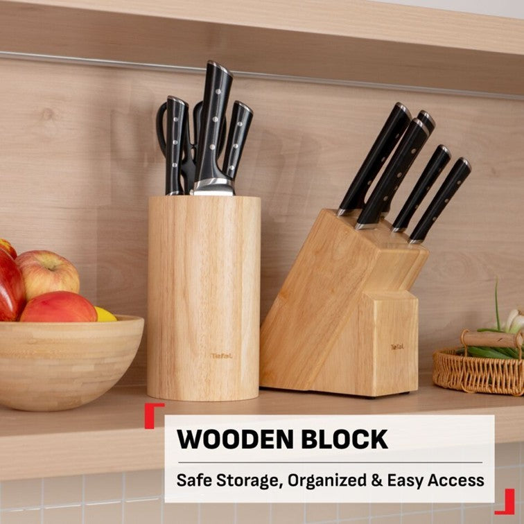 Tefal Ice Force 6 Pcs Knife Set K232S574 - Chef 20cm, Bread 20m, Santoku 18cm, Utility 11cm, Paring 9cm, Wooden Block