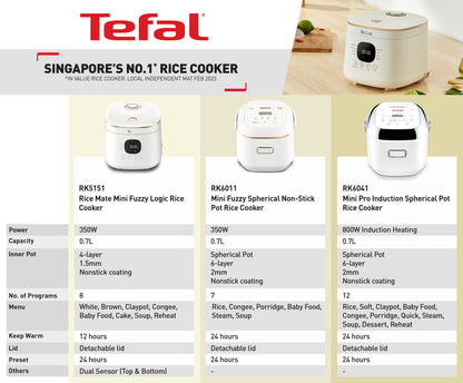 Tefal Mini Fuzzy Spherical Pot Rice Cooker 0.7L RK6011  7 Programmes, AI, 6-Layer, Durable, 4 Cups