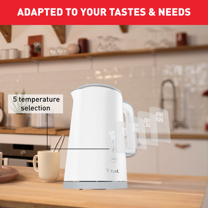 Tefal Sense Digital Kettle with Real-Time Temperature Display, 1.5L White,5 Temperature Selection KO6931