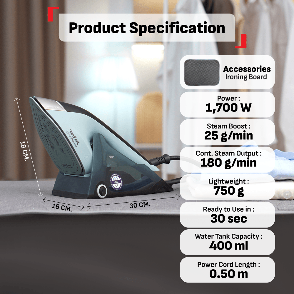 Tefal Duo Power 2 in 1 Iron & Steam JF4033 ƒ?? Safety Auto Off, Lightweight, Powerful, Suitable for All Fabric