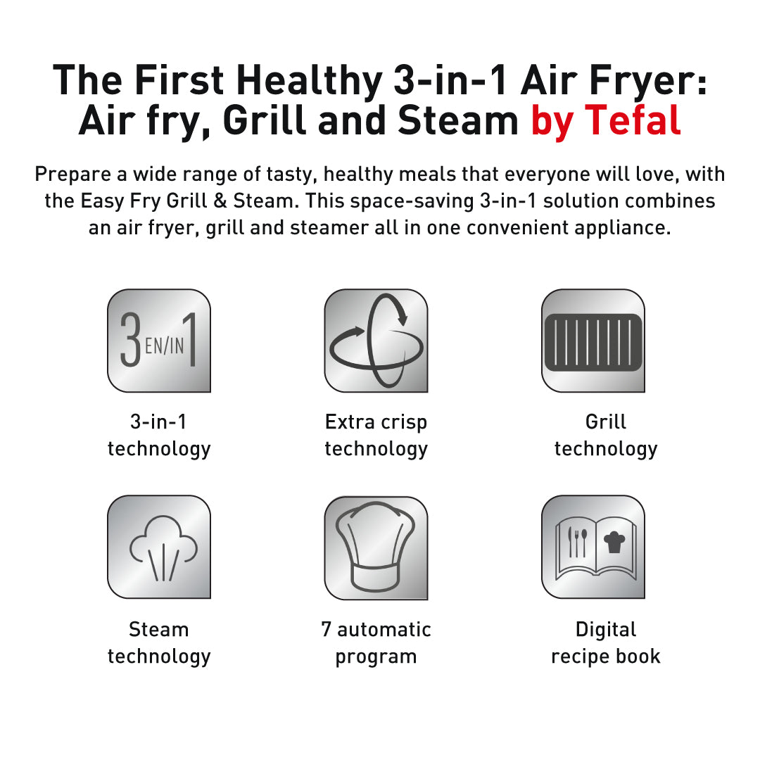 Tefal Easy Fry Air Fryer Steam & Grill 3-in-1 FW2018  7 Programmes, Fast Cooking, Extra Crisp, Easy Steam, Convenient