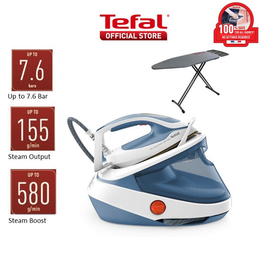 Tefal Pro Express Ultimate II Steam Generator with Ironing Board GV9710 - 2800W, up to 7.6 bar pressure, 580g/min steam boost, No burn - safe for all fabrics, Made in France