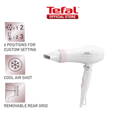 Tefal Instant Dry Foldable Hair Dryer with Concentrator, 6 Positions Custom Settings, Cool Air Shot, Removable Rear Grid,  1.8m Cord, 2200W HV6092