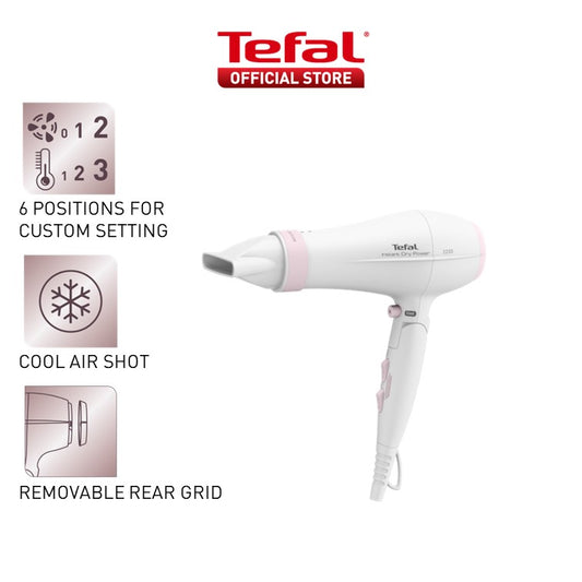 Tefal Instant Dry Foldable Hair Dryer with Concentrator, 6 Positions Custom Settings, Cool Air Shot, Removable Rear Grid,  1.8m Cord, 2200W HV6092