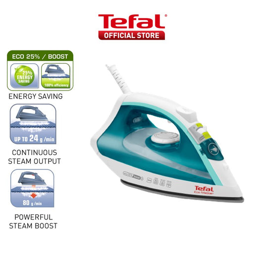 Tefal Eco Master Smooth-Gliding Steam Iron 330ml 1800W FV1721  80g Steam Boost, Anti-drip, Energy Efficient, Smooth Glide