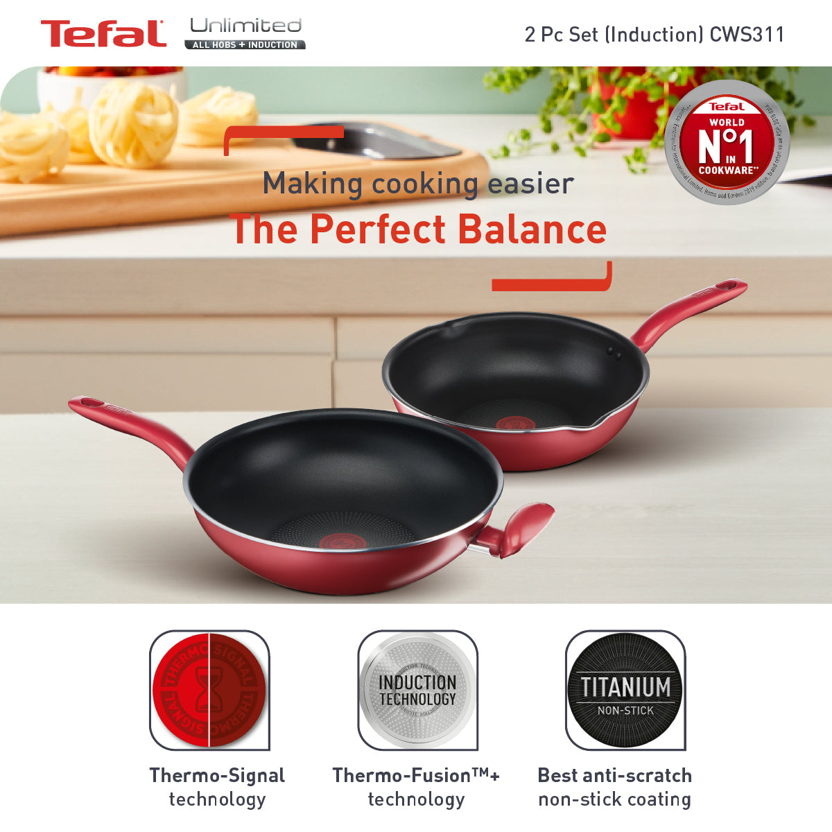 Tefal So Chef CW Set Wok Pan 30cm w/lid + Deep Frypan 24cm (G13594 + G13584) CWS311