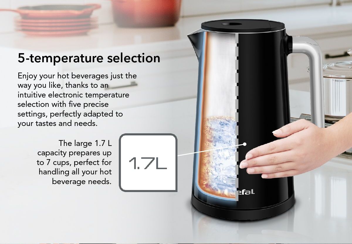 Tefal Digital Display Kettle 1.7L KO8508  Safe to touch, 5-temperature selection, 30min keepwarm,auto-off