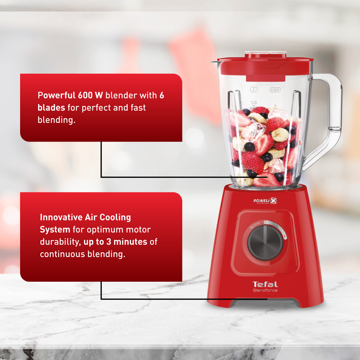 Tefal Blender Blendforce 2 (Red) BL4255, 600W, 2L, Air cooling system, Smart lock, Powelix technology, Crush ice