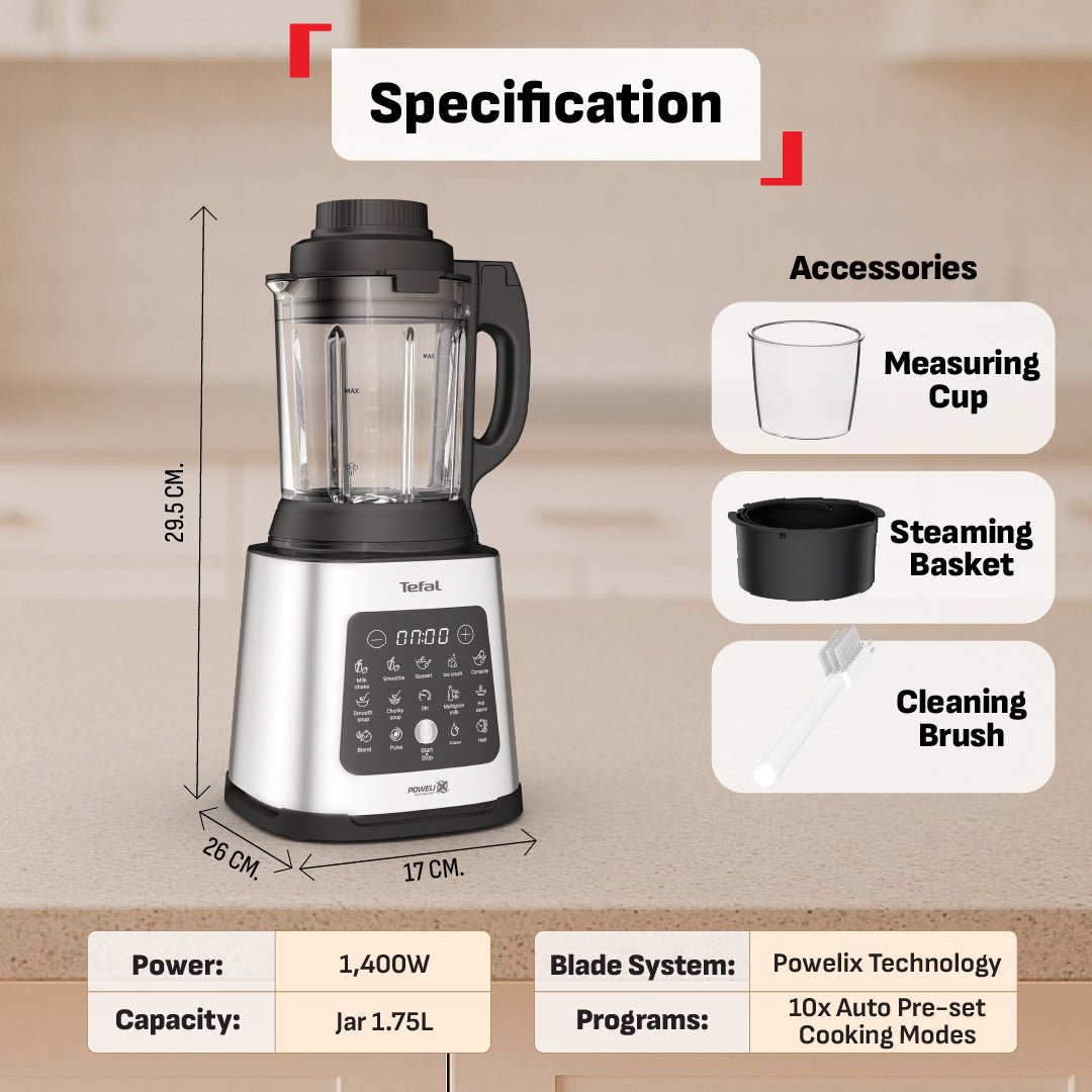Tefal Perfectmix Cook Heating High Speed Blender with Steam Basket ,1.75L 1400W Heating Thermo resistant glass jar 25K RPM, 10 automatic programs (6 hot + 4 Cold), BL83SD