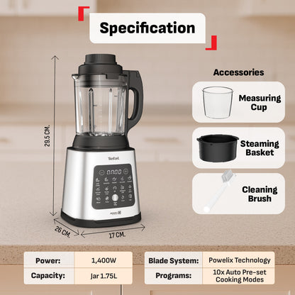 Tefal Perfectmix Cook Heating High Speed Blender with Steam Basket ,1.75L 1400W Heating Thermo resistant glass jar 25K RPM, 10 automatic programs (6 hot + 4 Cold), BL83SD