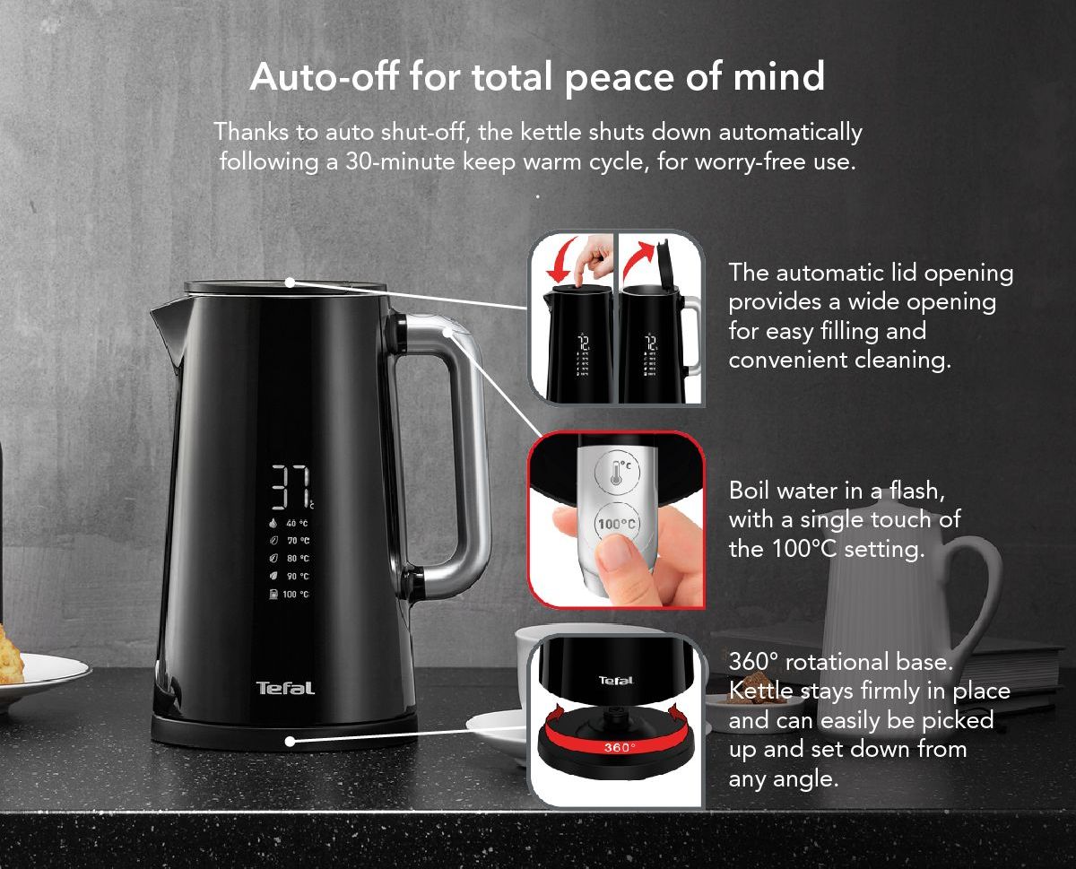 Tefal Digital Display Kettle 1.7L KO8508  Safe to touch, 5-temperature selection, 30min keepwarm,auto-off