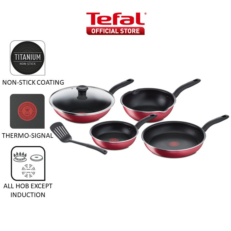 Tefal So Red 6pc Set (Frypan 20cm + Frypan 28cm + Wokpan 28cm With Lid + Deep Frypan 24cm + Spatula) C584S6