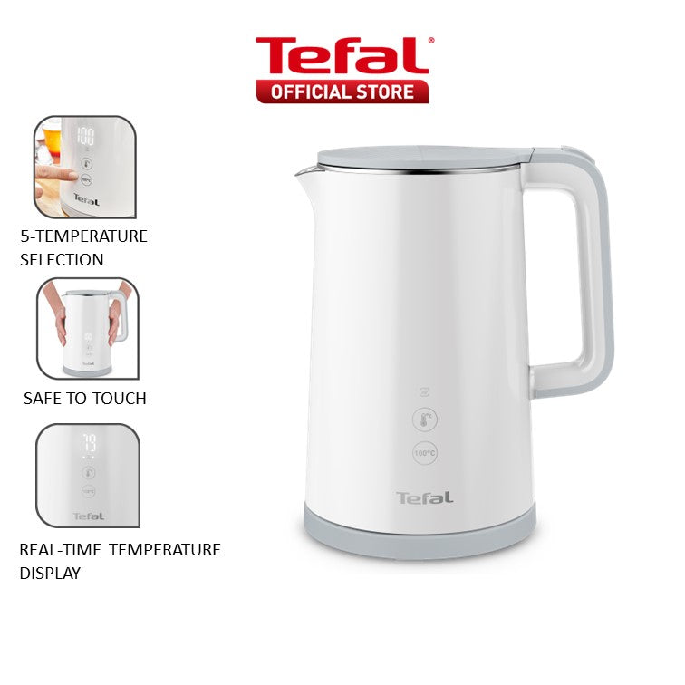 Tefal Sense Digital Kettle with Real-Time Temperature Display, 1.5L White,5 Temperature Selection KO6931