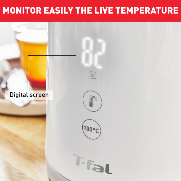 Tefal Sense Digital Kettle with Real-Time Temperature Display, 1.5L White,5 Temperature Selection KO6931