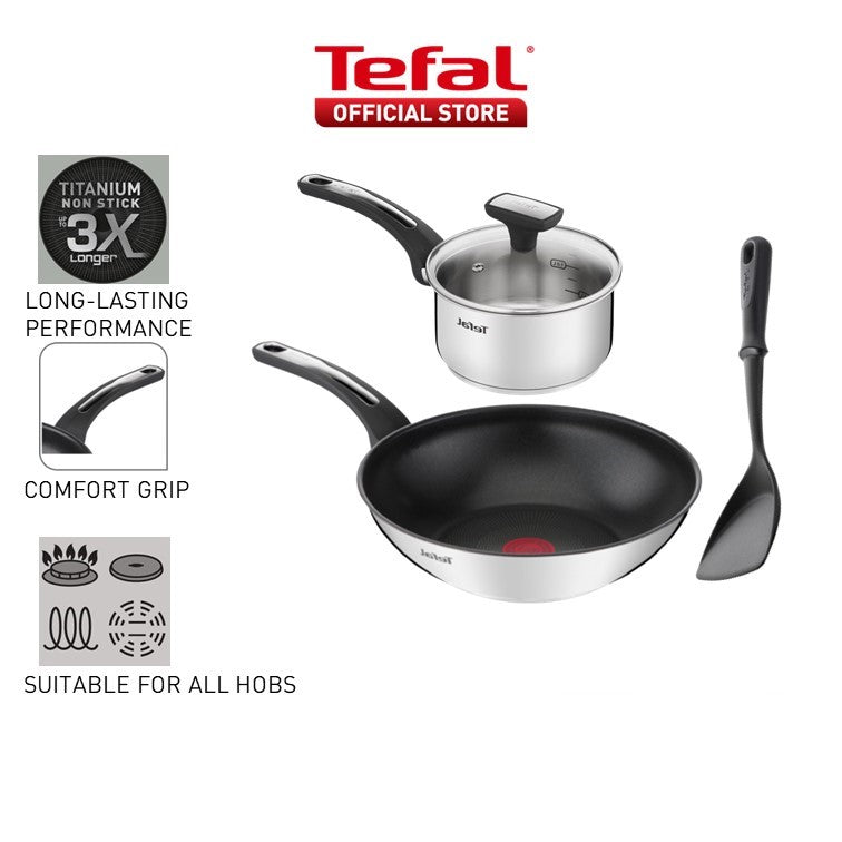 Tefal Emotion Stainless Steel 4pcs Set (Wok Pan 28cm, Saucepan 16cm with Lid & Spatula) CWS308